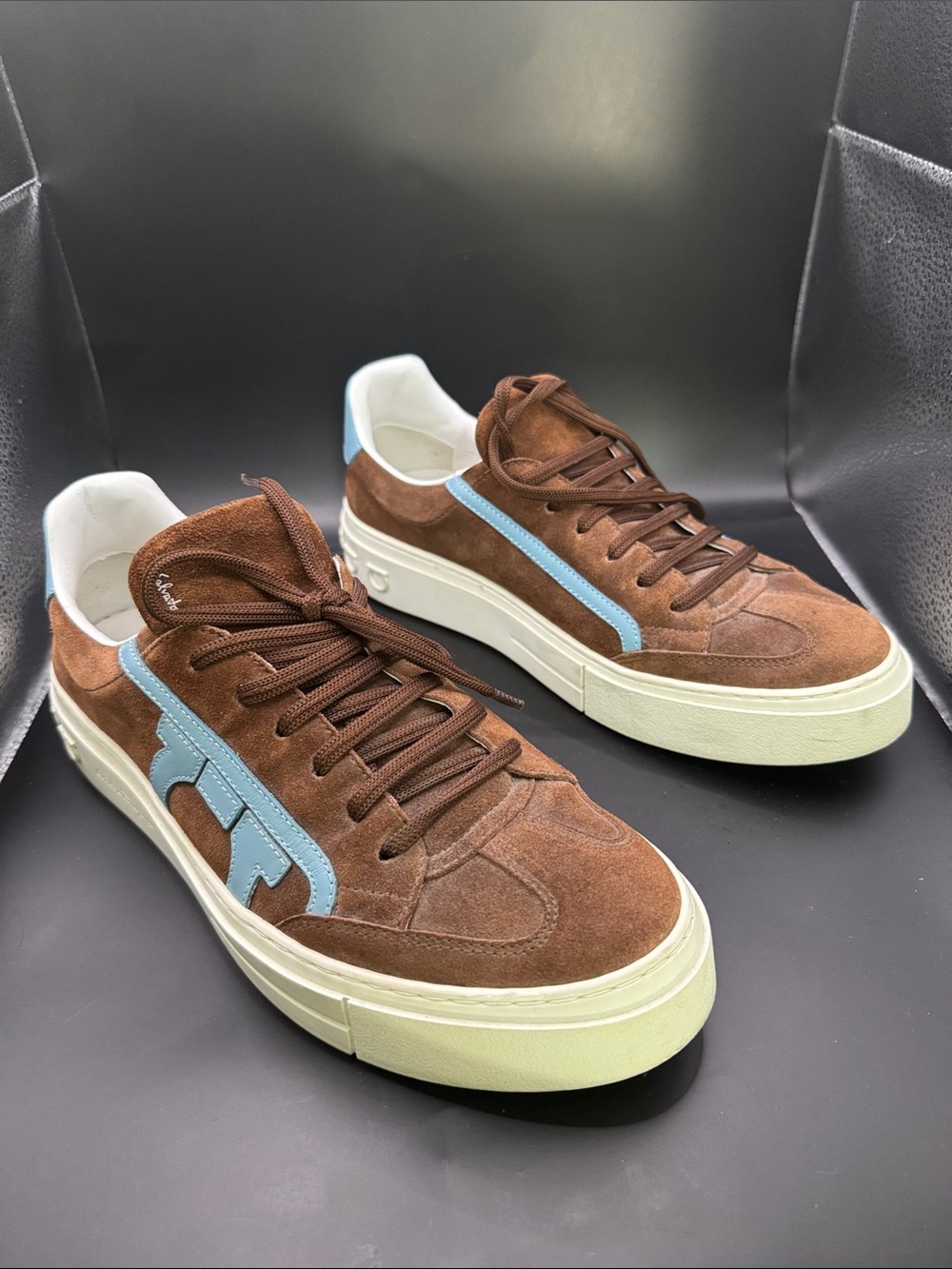 Salvatore Ferragamo Brown Suede Sneakers Light Blue Stripe MenSz8 like new